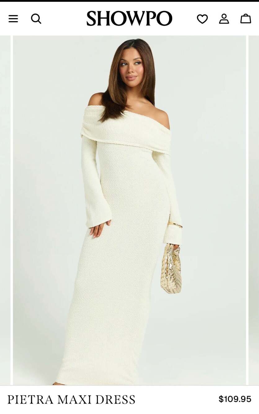 Showpo Pietra Maxi Dress Knit Off Shoulder in Cream